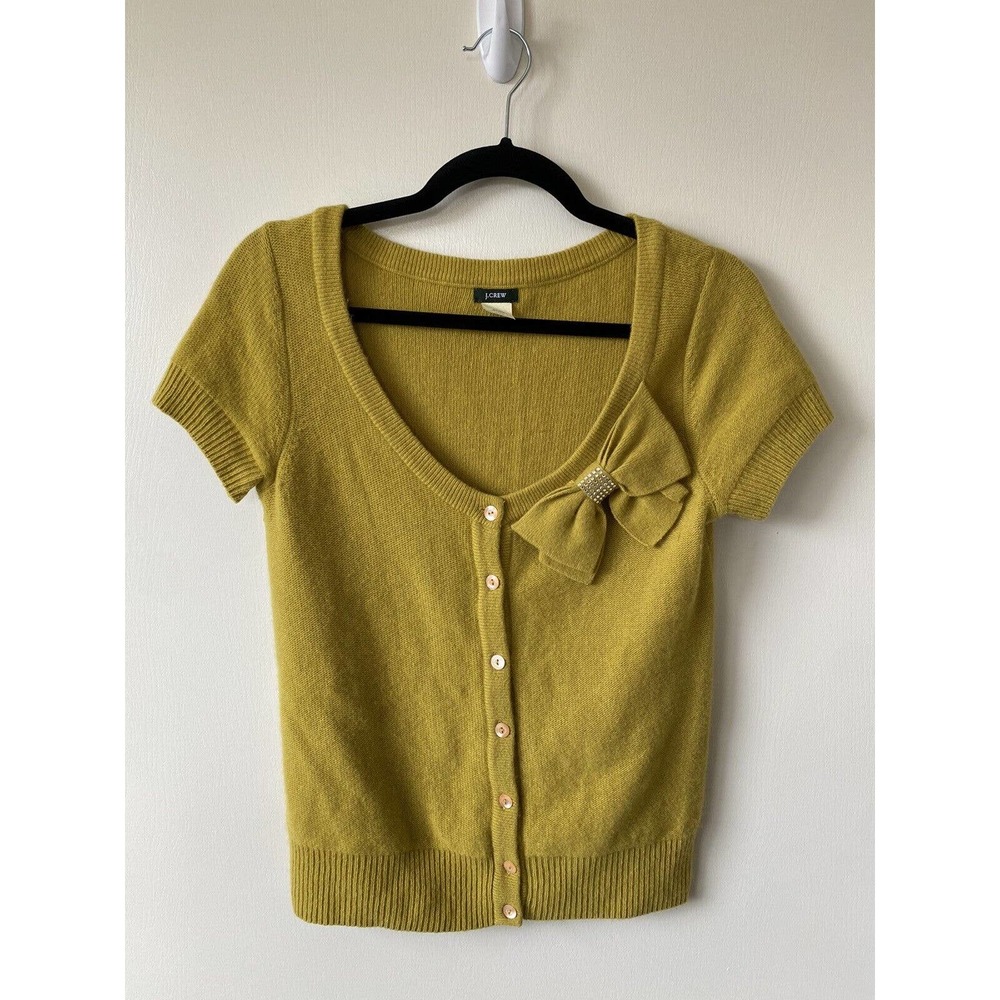 J Crew Dream Valerie Bow Sweater Cardigan Chartreuse Wool Cashmere Size Small